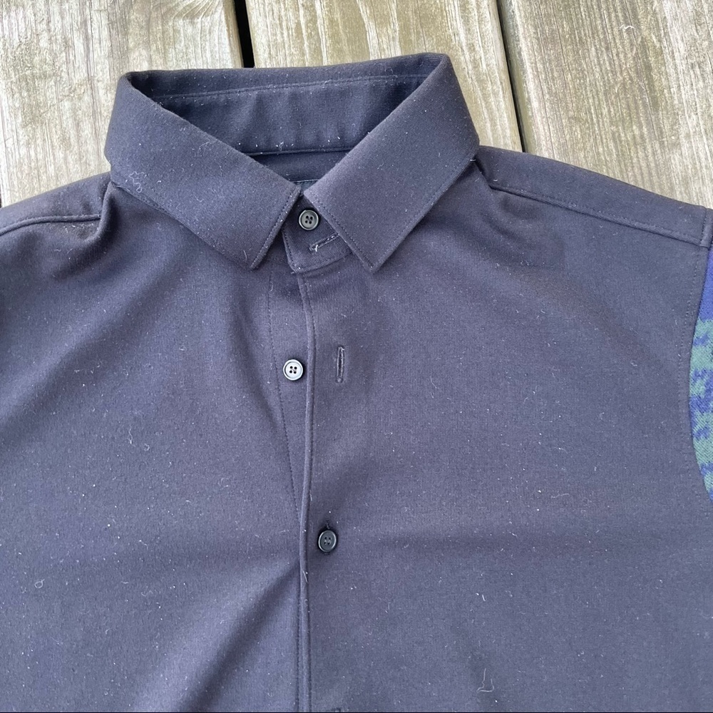 ** Trendiano Black Button Up Sweater Navy Green Sleeve Collared Large - Picture 5 of 11